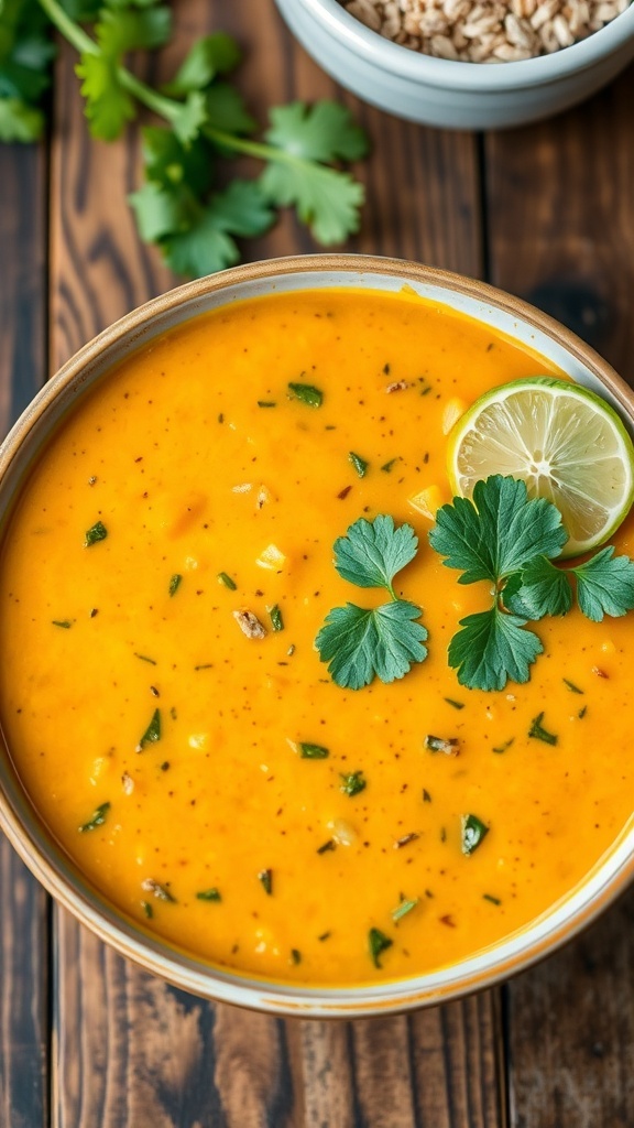 A bowl of Coconut Curry Lentil Soup garnished with cilantro and lime on a rustic table.